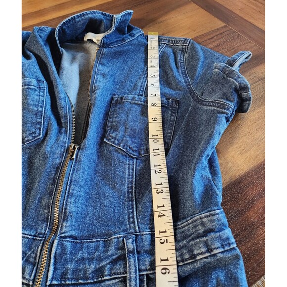 Project/Rebel Stretch Denim Jumpsuit Womens Flare Leg Blue Zip Short Sleeve Sz M - Picture 10 of 11